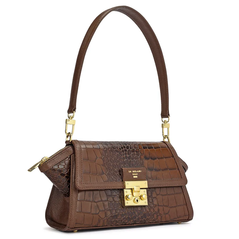 Da Milano Small Croco Leather Shoulder Bag - Walnut